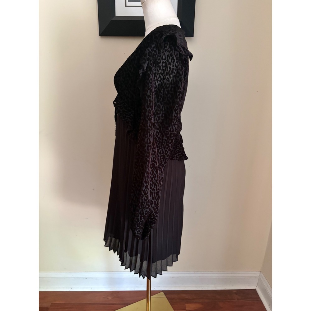 The Kooples Black Leopard Print Flocked Pleated Mini Dress Balloon Sleeve M - Picture 7 of 9